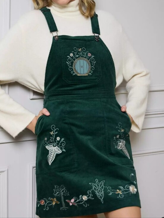 Boxlunch Dresses & Skirts - BoxLunch The Lord of the Rings Embroidered Icons Corduroy Overall Dress Green